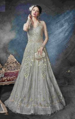 grey embroidered net ethnic suits with matching dupatta 1