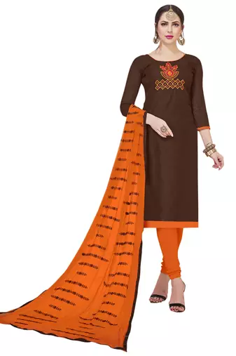 Brown Embroidered Art Silk Salwar With Dupatta