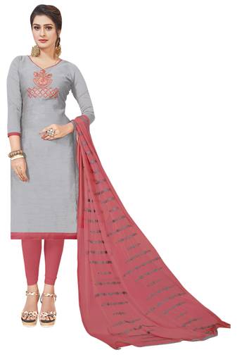 Grey Embroidered Art Silk Salwar With Dupatta