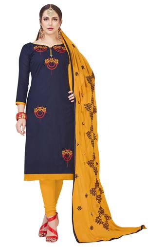 Blue Embroidered Cotton Salwar With Dupatta