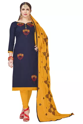 Blue Embroidered Cotton Salwar With Dupatta