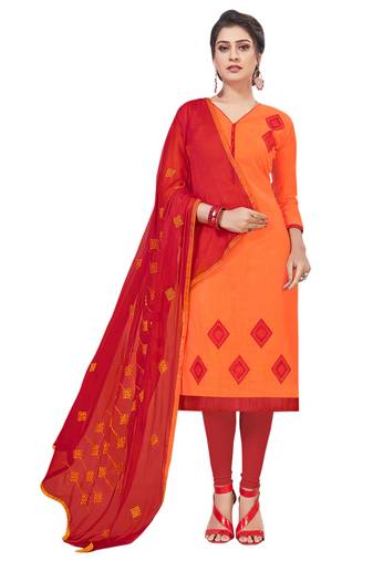 Orange Embroidered Cotton Salwar With Dupatta