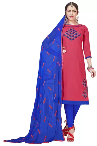 Pink Embroidered Cotton Salwar With Dupatta