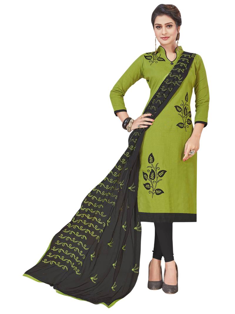 Green Embroidered Cotton Salwar With Dupatta