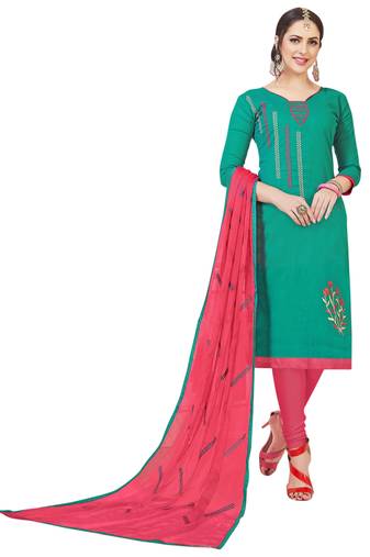 Green Embroidered Cotton Salwar With Dupatta