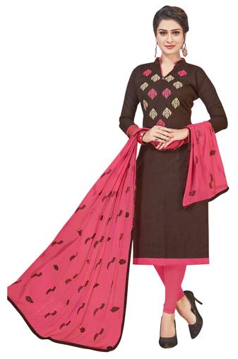 Brown Embroidered Cotton Salwar With Dupatta