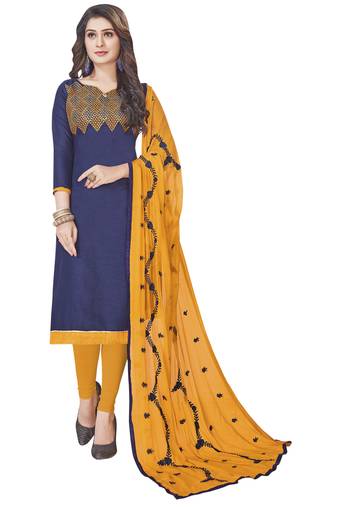 Blue Embroidered Cotton Salwar With Dupatta