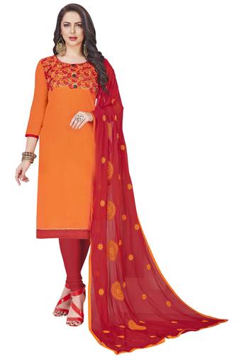 Orange Embroidered Cotton Salwar With Dupatta