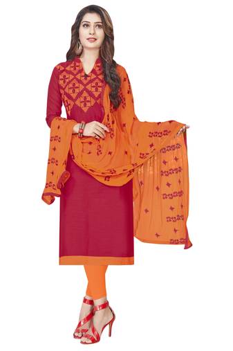 Pink Embroidered Cotton Salwar With Dupatta