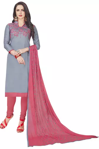 Grey Embroidered Cotton Salwar With Dupatta