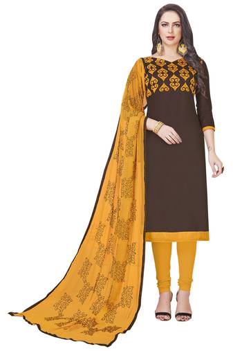 Brown Embroidered Cotton Salwar With Dupatta