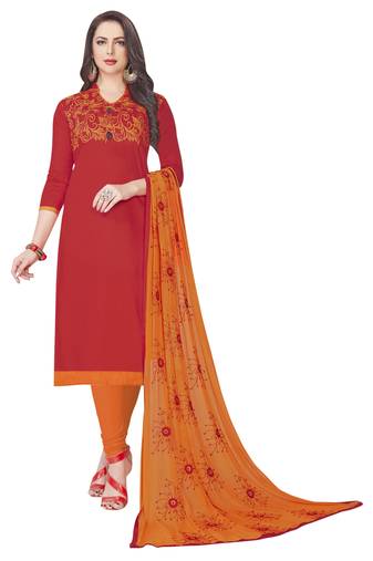 Red Embroidered Cotton Salwar With Dupatta