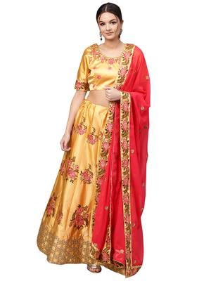 Yellow embroidered satin lehenga with dupatta 1