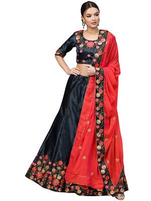 Navy Blue embroidered satin lehenga with dupatta 1