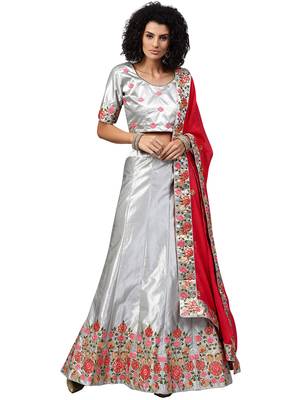 Grey embroidered satin lehenga with dupatta 1