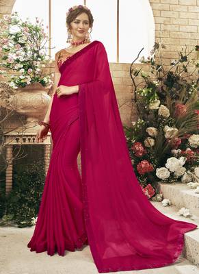 Dark pink plain georgette saree with blouse 1