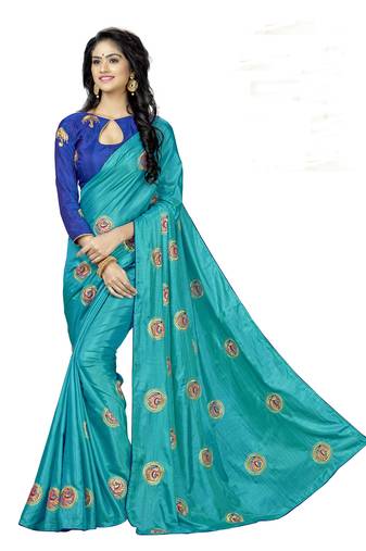 Turquoise Embroidered Art Silk Saree With Blouse