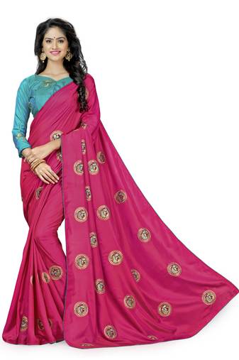 Pink Embroidered Art Silk Saree With Blouse