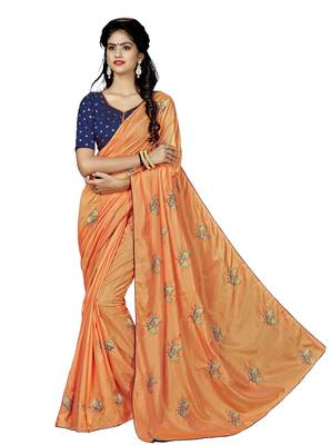 Orange embroidered silk blend saree with blouse 1