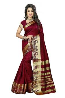 Maroon woven silk blend saree with blouse