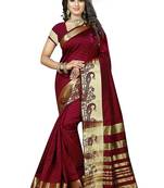 Maroon woven silk blend saree with blouse