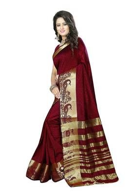 Maroon woven silk blend saree with blouse 2
