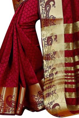 Maroon woven silk blend saree with blouse 4