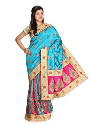 Rani Pink Embroidered   Raw Silk Saree With Blouse 1