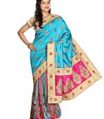 Rani Pink Embroidered   Raw Silk Saree With Blouse