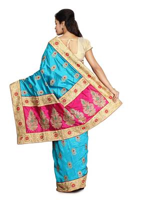 Rani Pink Embroidered   Raw Silk Saree With Blouse 2