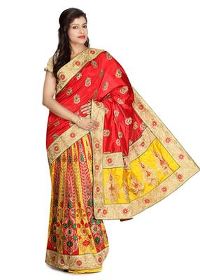Multicolor Embroidered   Raw Silk Saree With Blouse 1