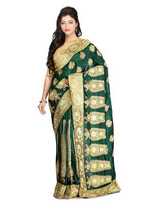 Dark Green Embroidered Silk Saree With Blouse 1