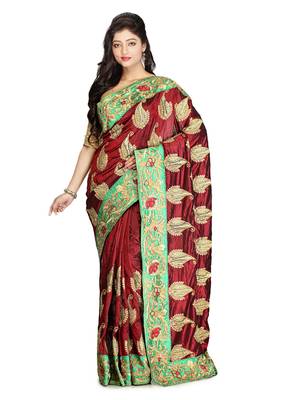 Maroon Embroidered Silk Saree With Blouse 1
