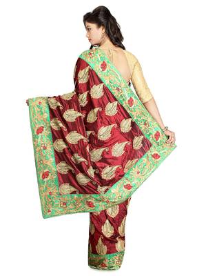 Maroon Embroidered Silk Saree With Blouse 2