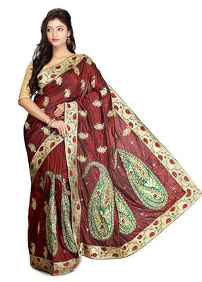 Maroon Embroidered Silk Saree With Blouse 1