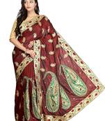 Maroon Embroidered Silk Saree With Blouse