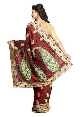 Maroon Embroidered Silk Saree With Blouse 2