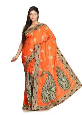Orange Embroidered Silk Saree With Blouse 1