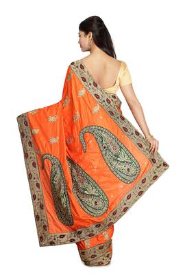 Orange Embroidered Silk Saree With Blouse 2