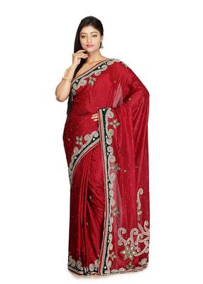 Maroon Embroidered Silk Saree With Blouse 1