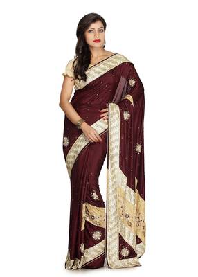 Dark Brown Embroidered Silk Saree With Blouse 1