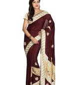 Dark Brown Embroidered Silk Saree With Blouse