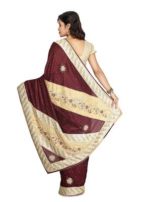 Dark Brown Embroidered Silk Saree With Blouse 2