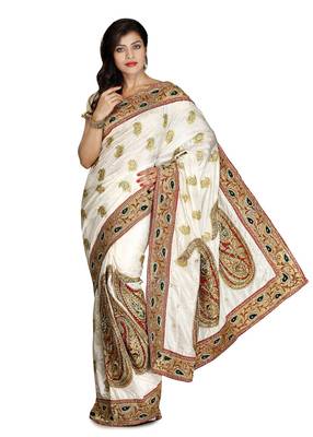 White Embroidered Silk Saree With Blouse 1