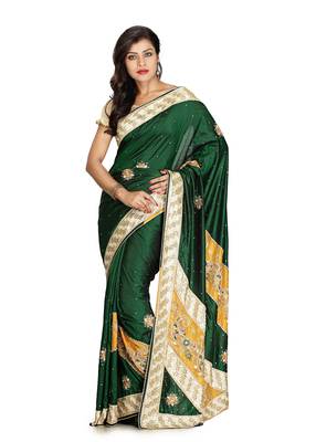 Dark Green Embroidered Silk Saree With Blouse 1