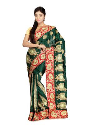 Dark Green Embroidered Silk Saree With Blouse 1