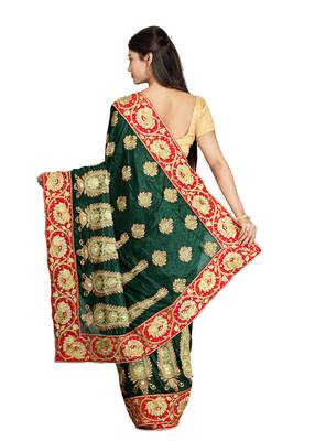 Dark Green Embroidered Silk Saree With Blouse 2