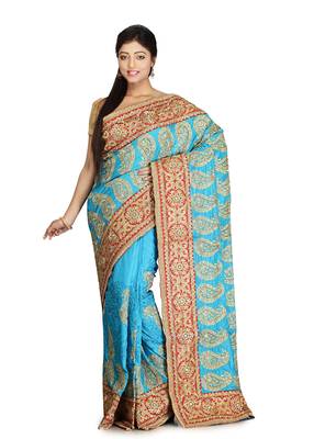 Turquoise Embroidered Silk Saree With Blouse 1