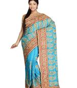 Turquoise Embroidered Silk Saree With Blouse