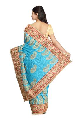 Turquoise Embroidered Silk Saree With Blouse 2